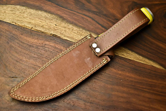 12" Handmade Damascus Steel Hunting Bowie Knife – Camel Bone Handle with Leather Sheath