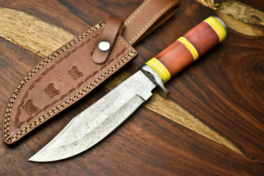 12" Hand Forged Bowie Damascus Steel Knife with Camel Bone Handle & Leather Sheath