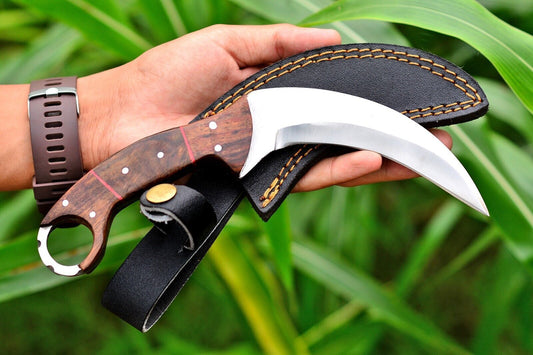 Handmade D2 Steel Karambit Survival Hunting Knife with Rosewood Handle and Sheath