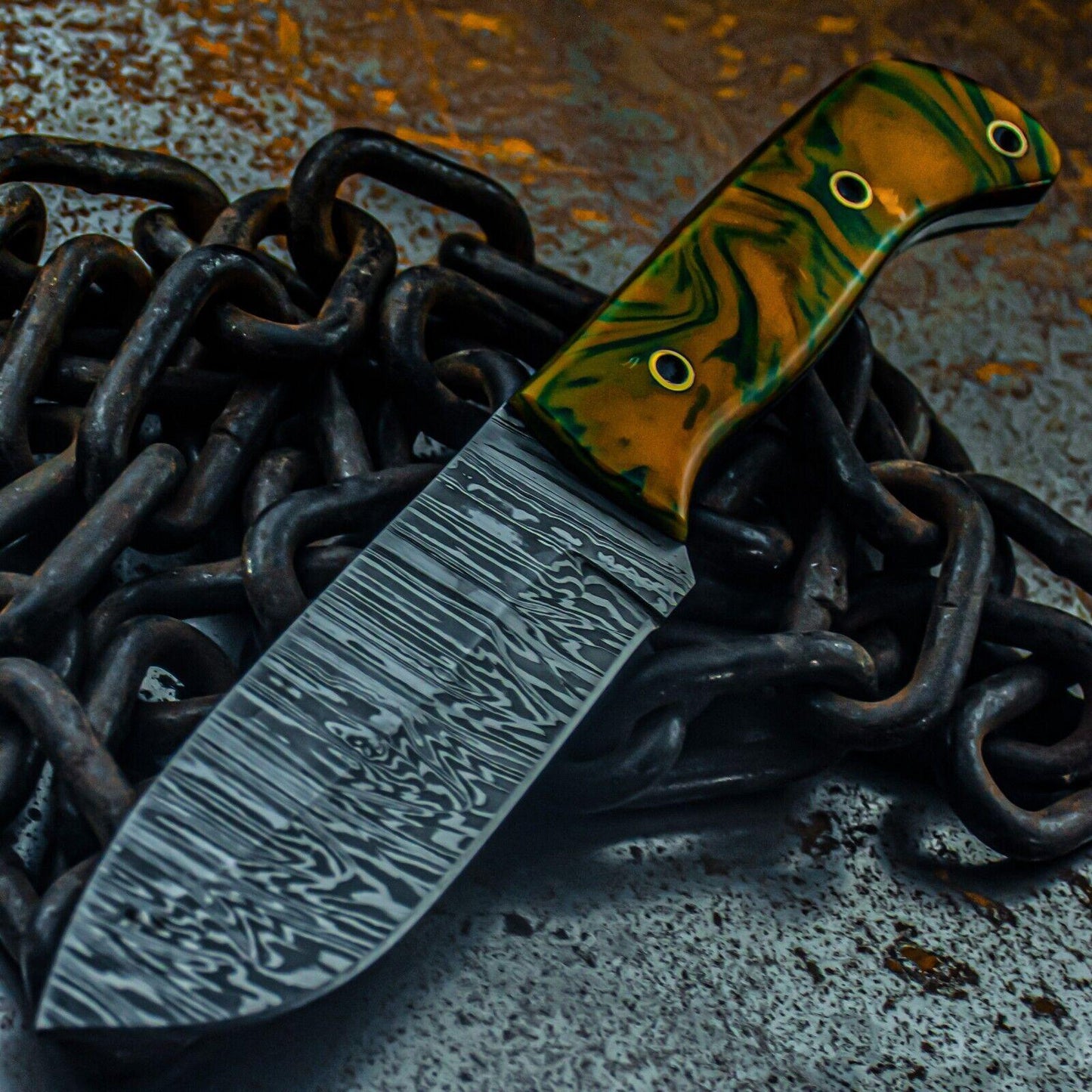 9.5" Custom Damascus Steel Bowie Knife – Resin Handle + Leather Sheath