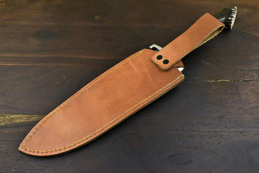 14.8" Damascus Tanto Bowie Knife with Crown Antler Handle Hunting Blade