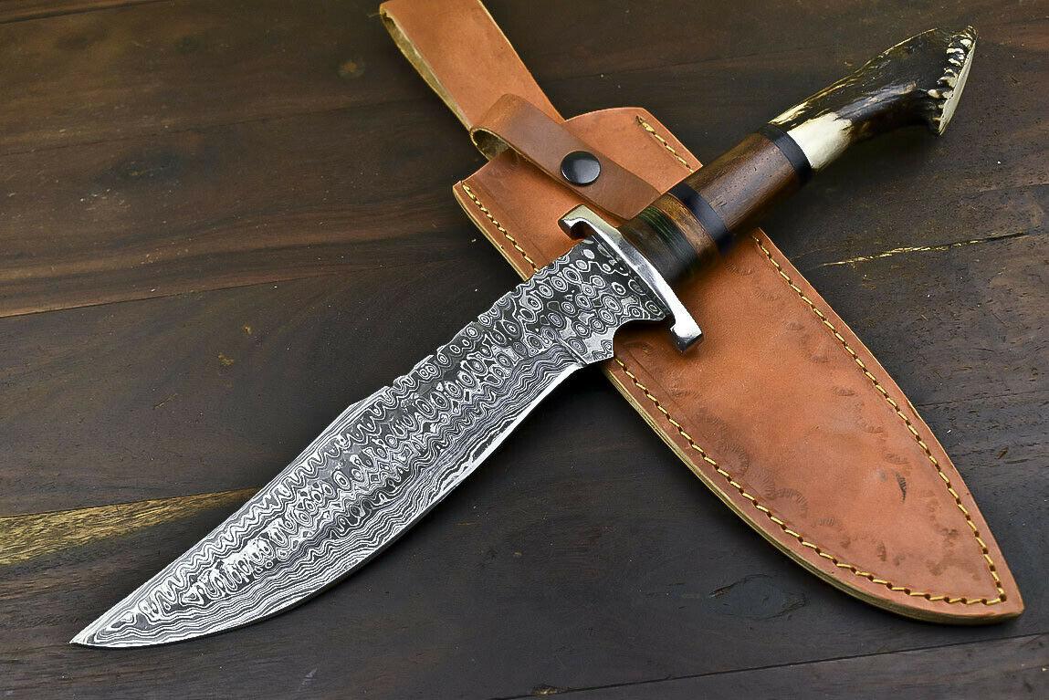 14.8" Damascus Tanto Bowie Knife with Crown Antler Handle Hunting Blade