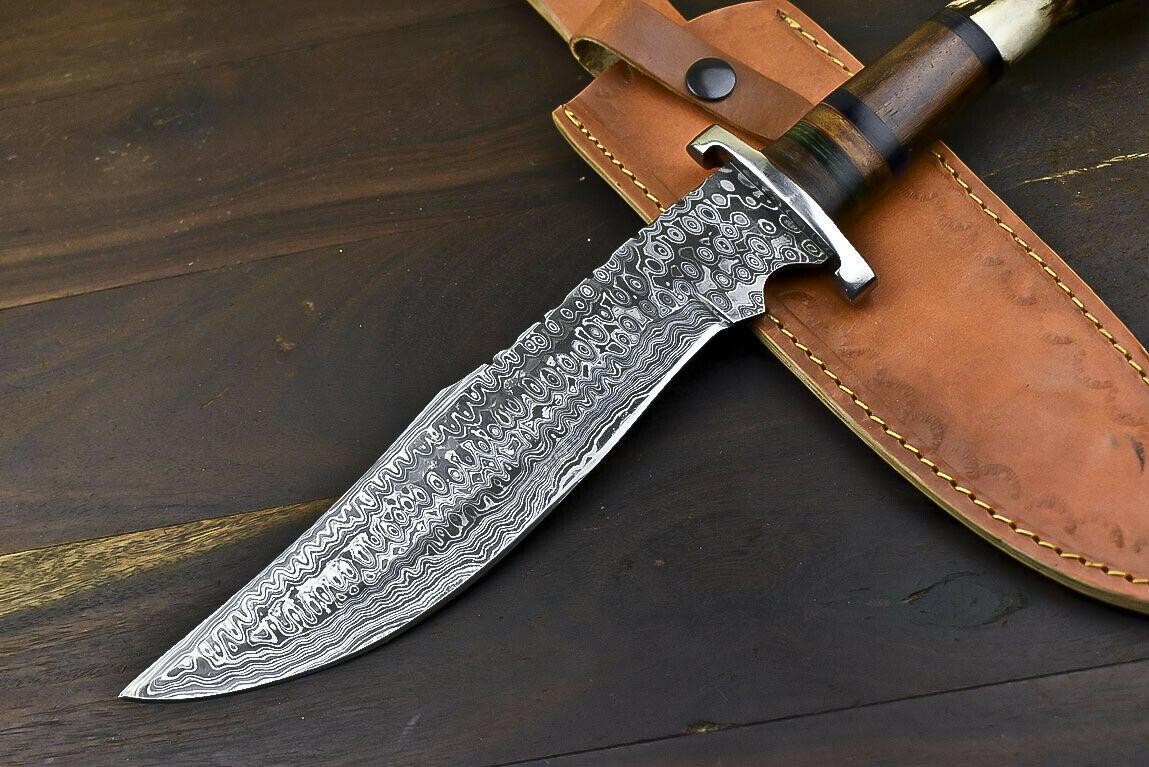 14.8" Damascus Tanto Bowie Knife with Crown Antler Handle Hunting Blade