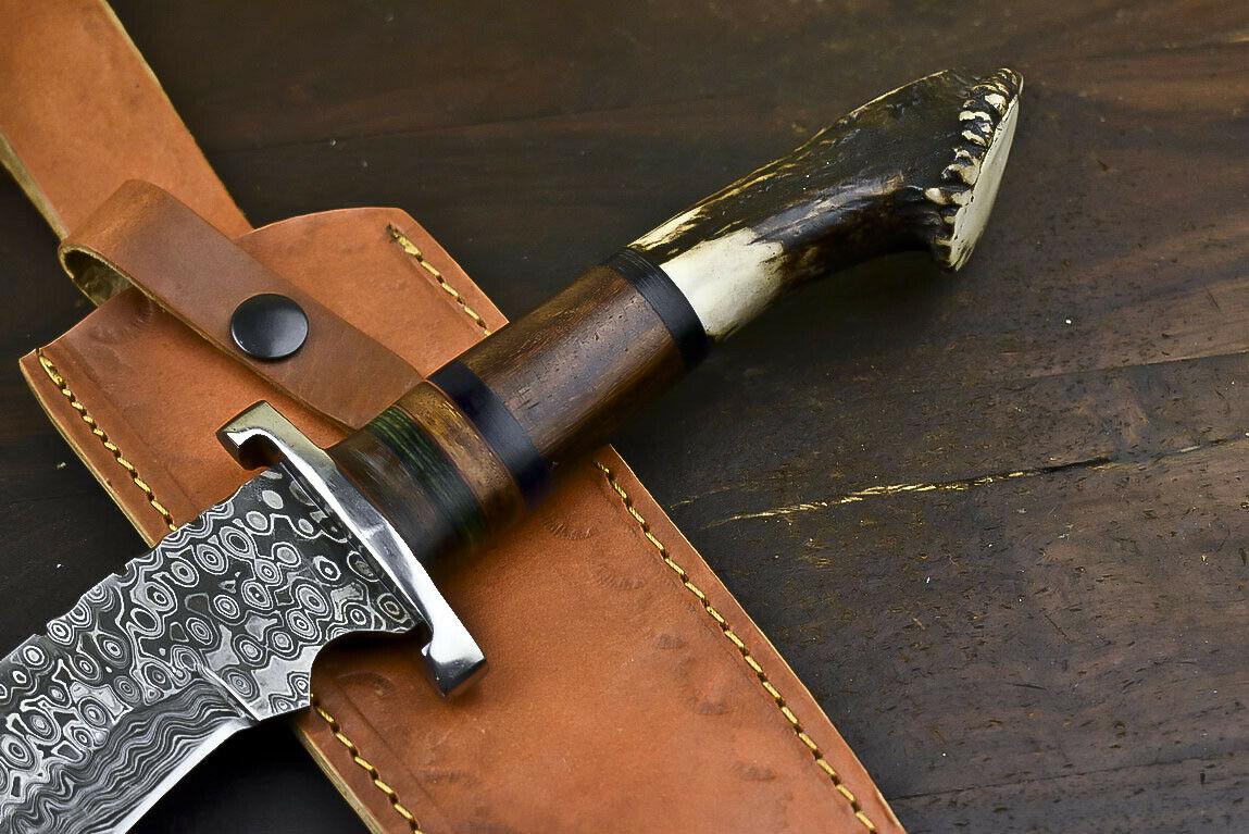 14.8" Damascus Tanto Bowie Knife with Crown Antler Handle Hunting Blade