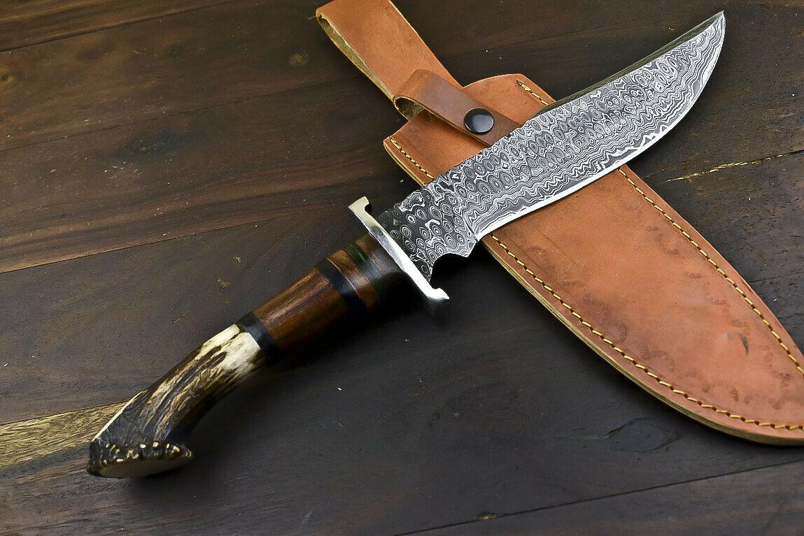 14.8" Damascus Tanto Bowie Knife with Crown Antler Handle Hunting Blade
