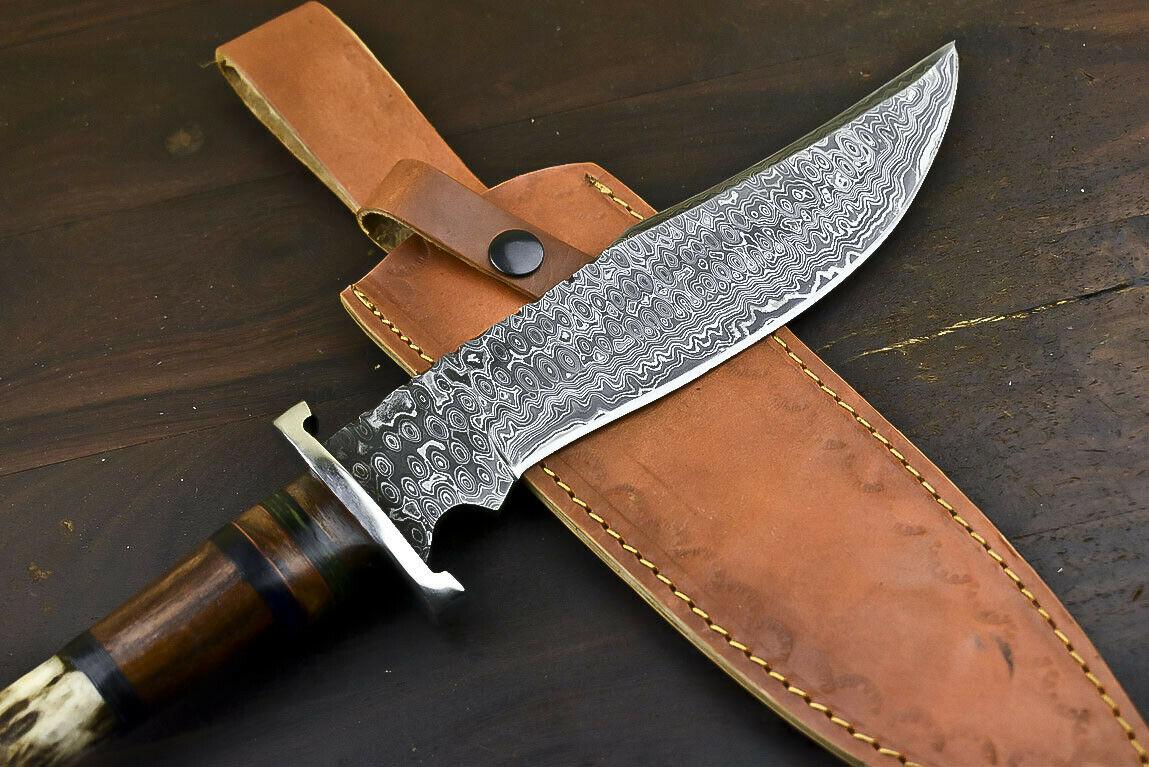 14.8" Damascus Tanto Bowie Knife with Crown Antler Handle Hunting Blade