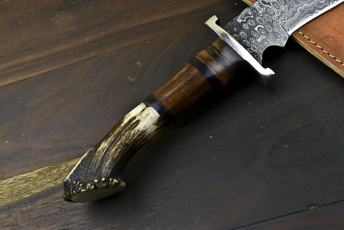 14.8" Damascus Tanto Bowie Knife with Crown Antler Handle Hunting Blade