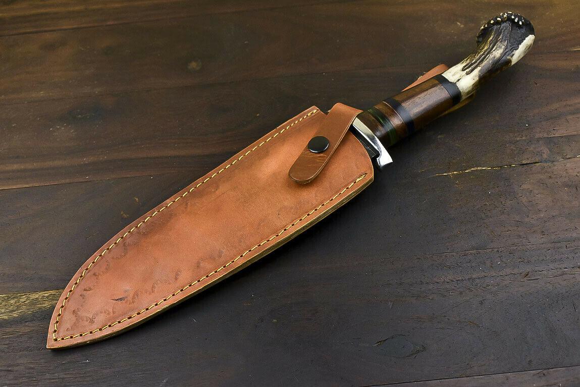 14.8" Damascus Tanto Bowie Knife with Crown Antler Handle Hunting Blade