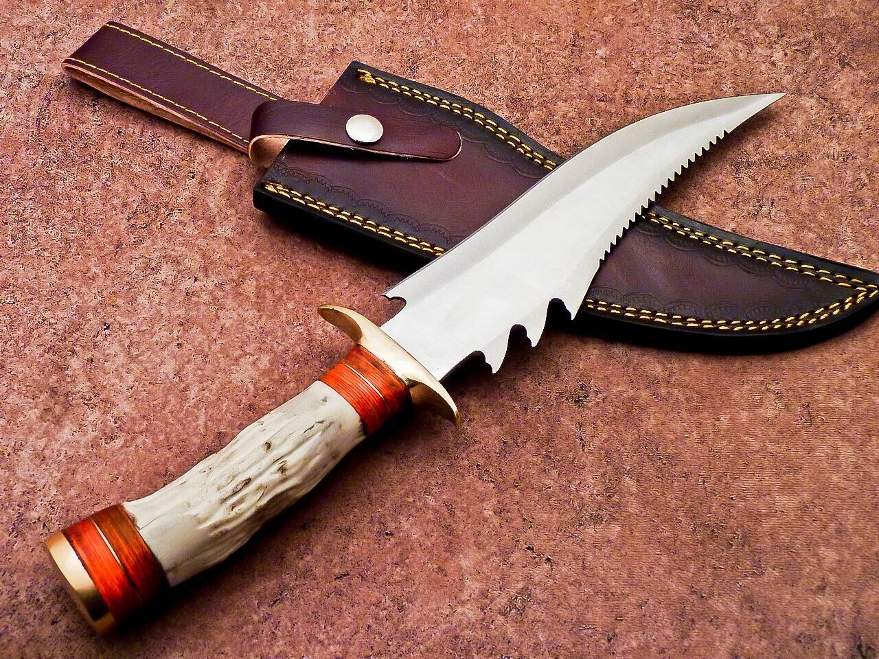 13 Inch Custom Handmade D2 Steel Bowie Hunting Knife with Camel Bone Handle