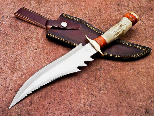 13 Inch Custom Handmade D2 Steel Bowie Hunting Knife with Camel Bone Handle