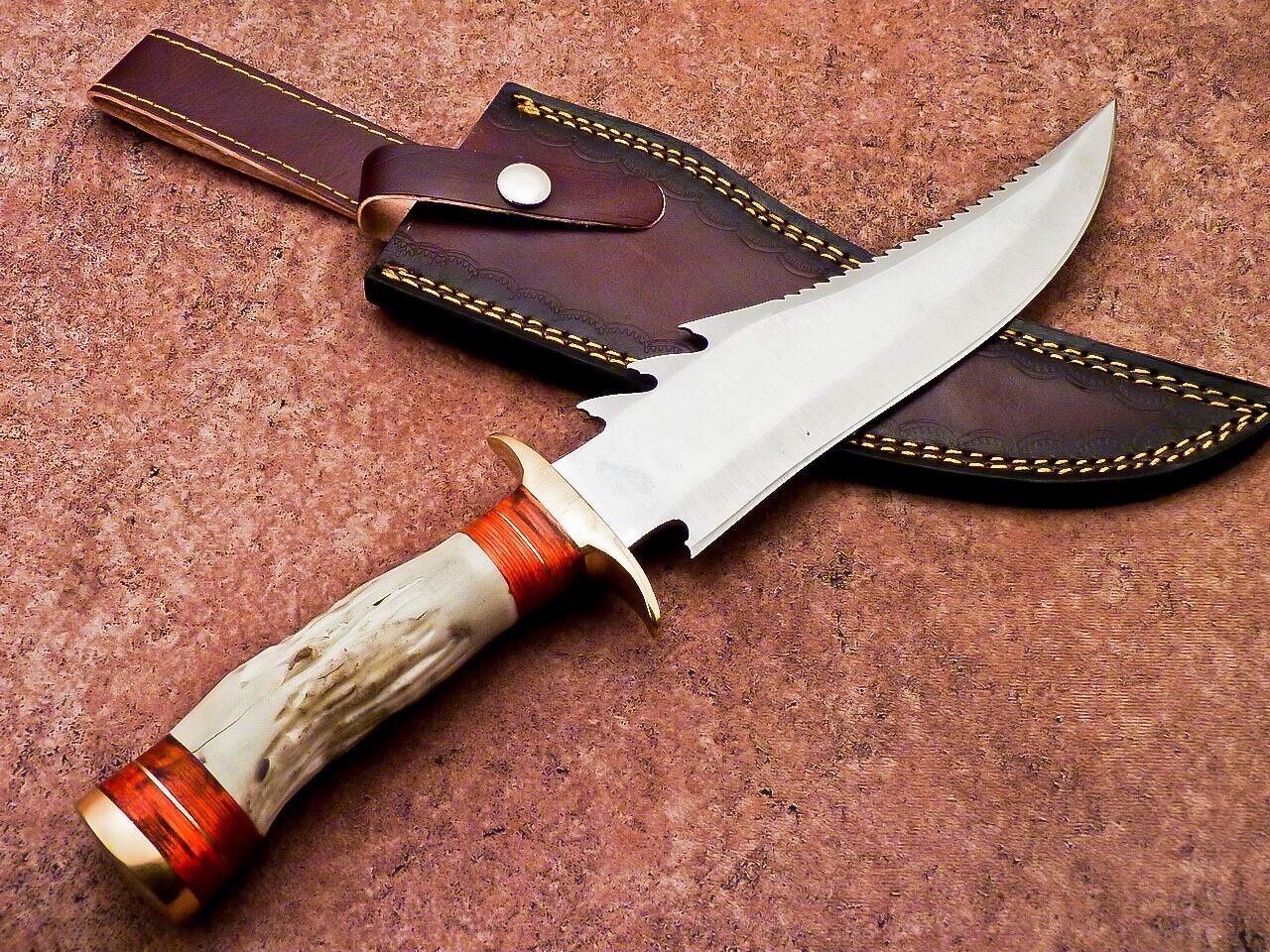 13 Inch Custom Handmade D2 Steel Bowie Hunting Knife with Camel Bone Handle