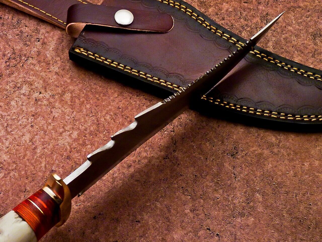13 Inch Custom Handmade D2 Steel Bowie Hunting Knife with Camel Bone Handle