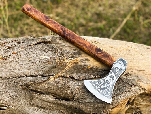 Forged Carbon Steel Viking Axe with Ash Wood Handle and Leather Sheath
