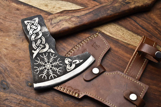 Handmade High Carbon Steel Vikings Hatchet – Etched Blade with Leather Sheath