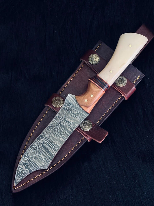 10" Custom Handmade Twist Damascus Bowie Hunting Knife – Camel Bone & Wood Handle