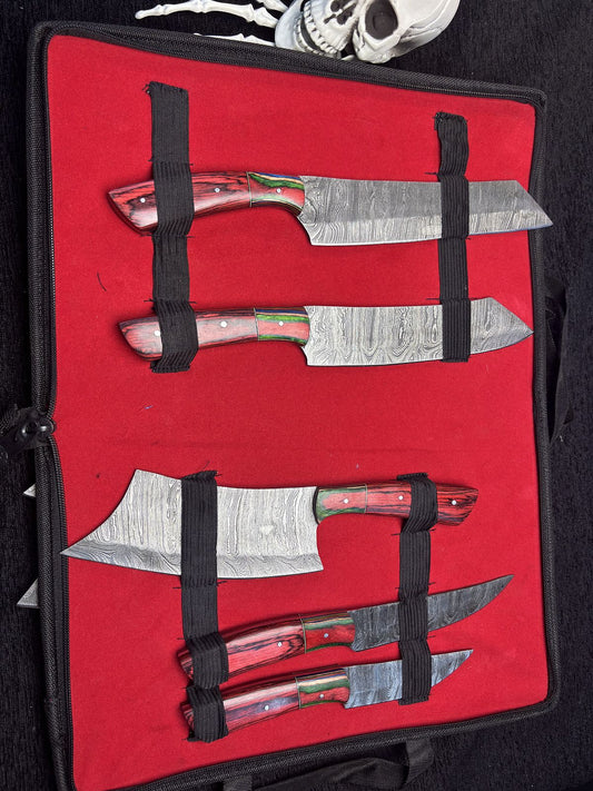 Premium Twist Damascus Chef Knife Set – Lot of 5 Handmade Hardwood Handle with Wooden Bolster Tactical Knives