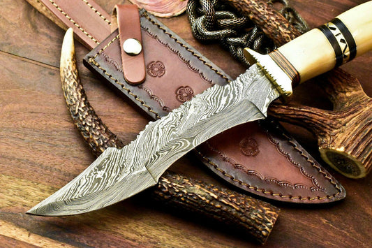 13" Handmade Damascus Bowie Hunting Knife | Stained Camel Bone
