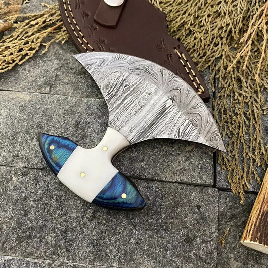 Custom Hand Forged Damascus Steel Skinner Knife with Rosewood and Bone Handle – Handmade Hunting Knife with Leather Sheath