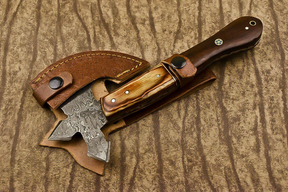 Handmade Damascus Axe Walnut Wood Handle Damascus Steel Axe Clever Chopper Knife with Leather Sheath