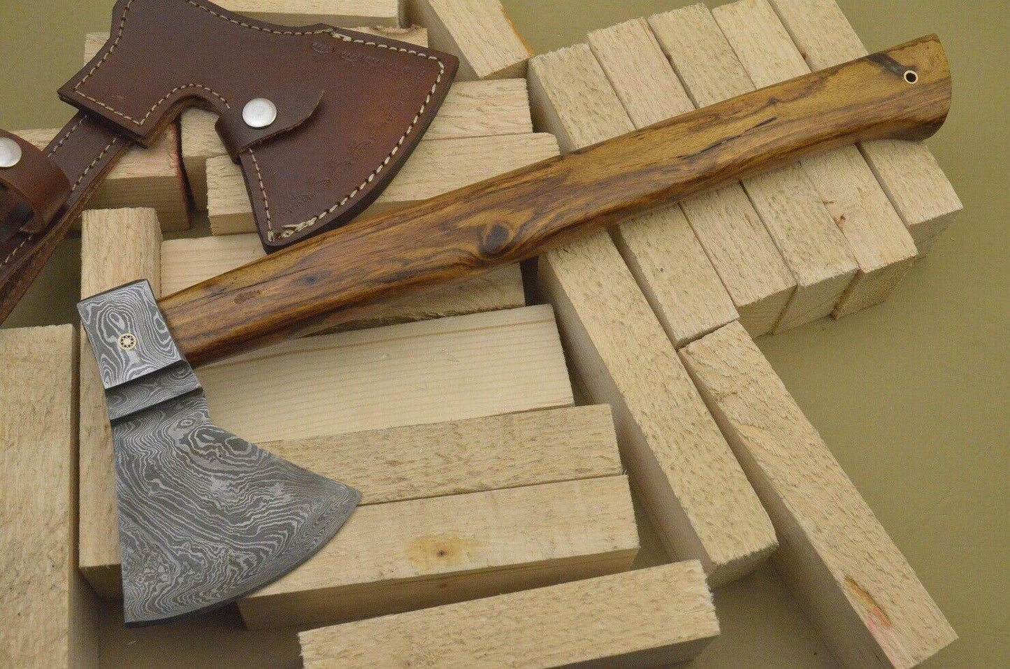 Hand Forged Damascus Steel Tomahawk Axe with Rose Wood Handle and Leather Sheath