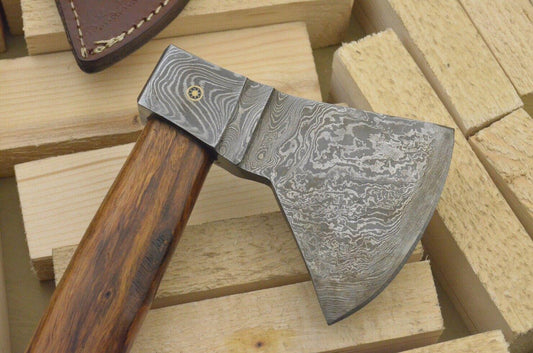 Hand Forged Damascus Steel Tomahawk Axe with Rose Wood Handle and Leather Sheath