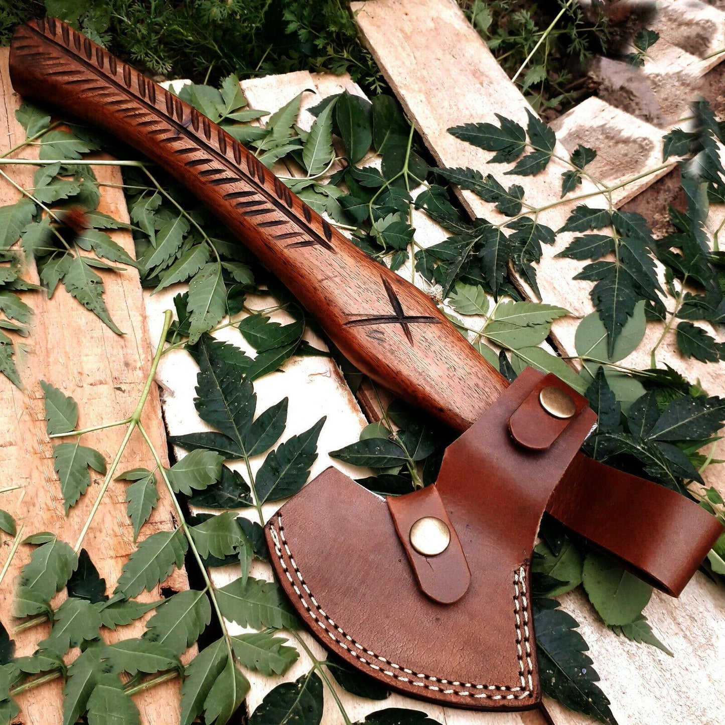 Custom Hand Forged Damascus Steel Viking Axe with Rosewood Handle and Leather Sheath – 14 Inch