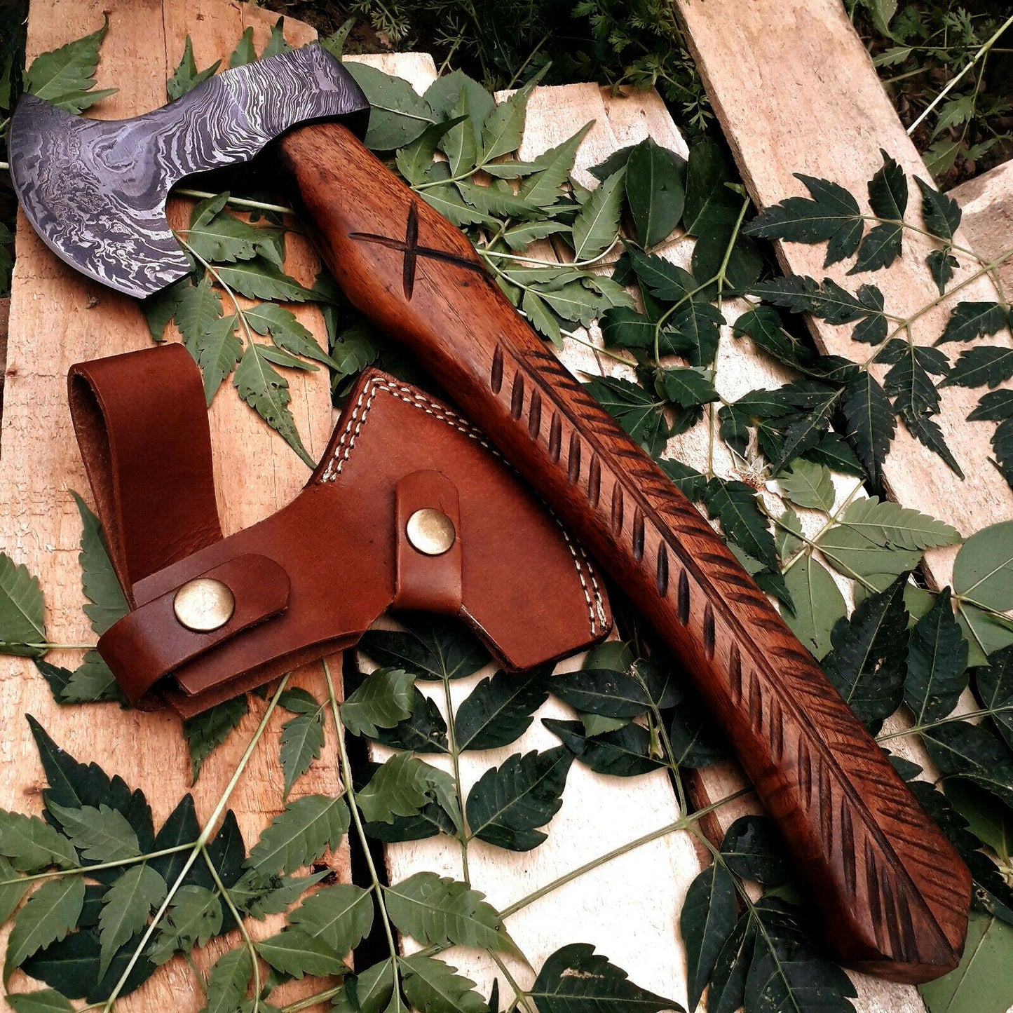 Custom Hand Forged Damascus Steel Viking Axe with Rosewood Handle and Leather Sheath – 14 Inch