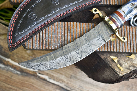 Hand Forged Twist Damascus Bowie Knife with Bone Handle and Brass Guard