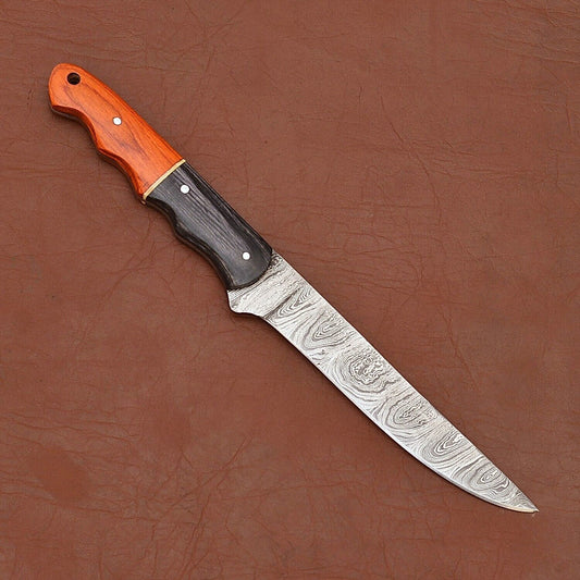 Handmade Damascus Steel Fillet Knife – Kitchen Chef Knife with Wood Handle & Leather Sheath