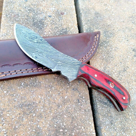 Custom Handmade Damascus Hunting Tracker Knife | Wood Handle with Leather Sheath