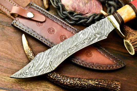 14" Handmade Damascus Bowie Hunting Knife | Hard Wood Handle