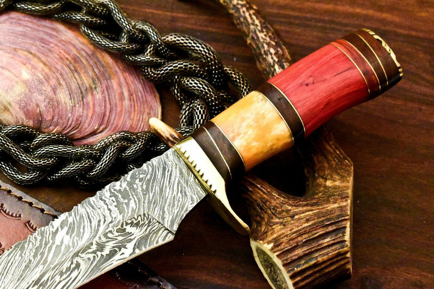 14" Handmade Damascus Bowie Hunting Knife | Hard Wood Handle