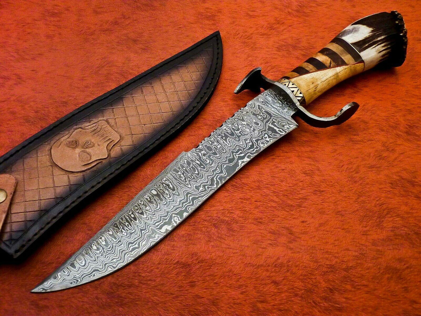 Titan 15 Inch Damascus Hunting Bowie Knife | Stag & Wood Handle