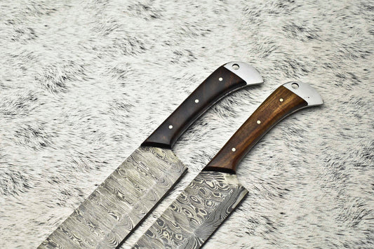 Lot of 2 Handmade Damascus Steel Full Tang Chef Knives Set – Premium Kitchen Knives