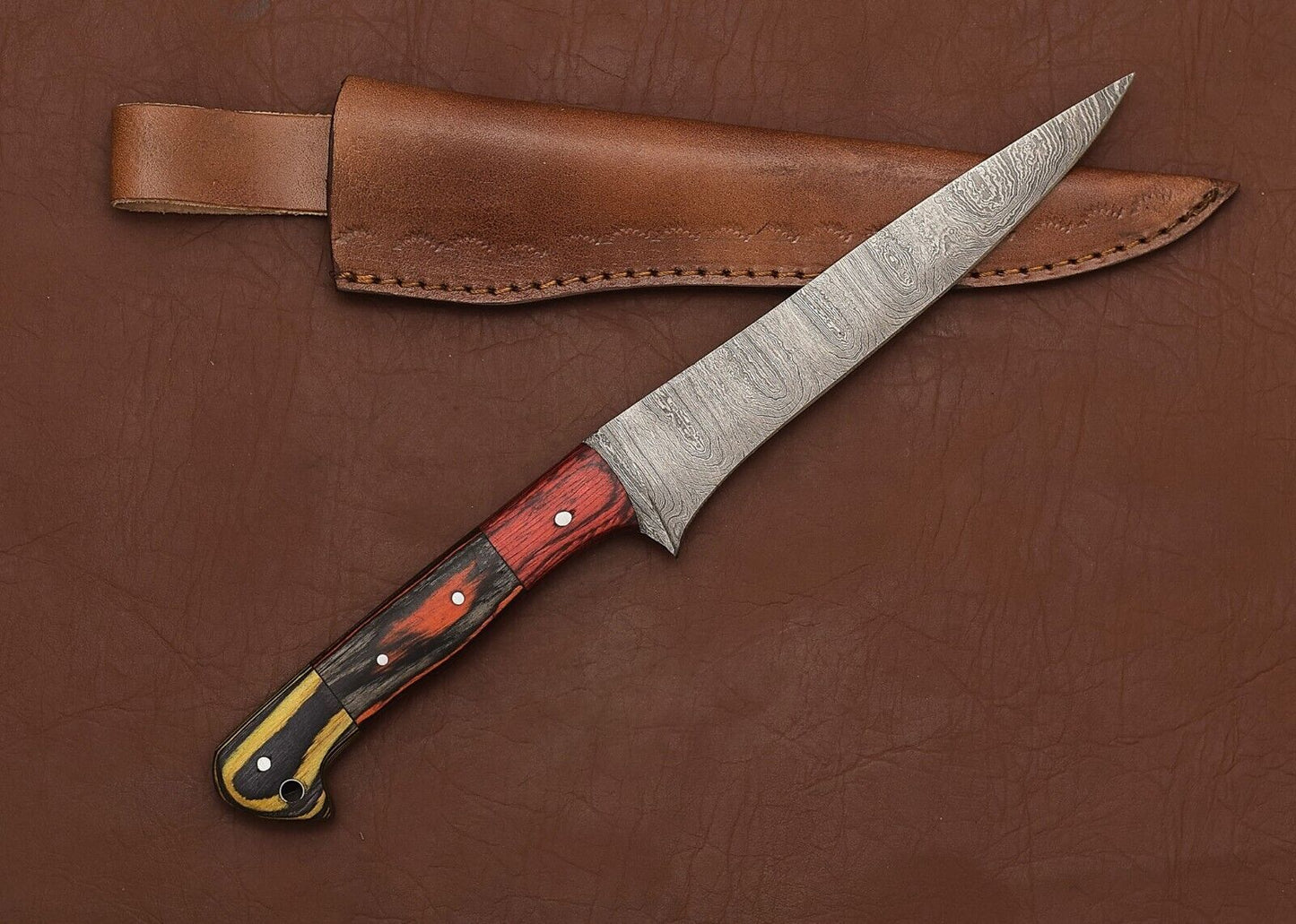 Custom Damascus Steel Hunting & Chef Fillet Knife 8" Blade Pakka Wood Handle Sheath