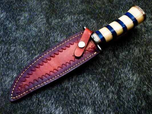 12 Inch Handmade Damascus Steel Bowie Knife with Camel Bone Handle