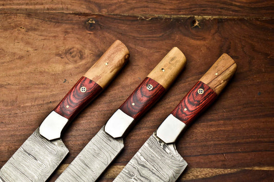 Custom Lot Of 3 Handmade Damascus Steel Blade Chef Set Knife