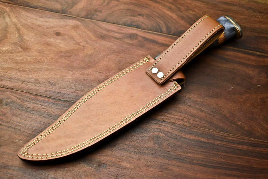 13" Custom Damascus Bowie Knife – Camel Bone Handle