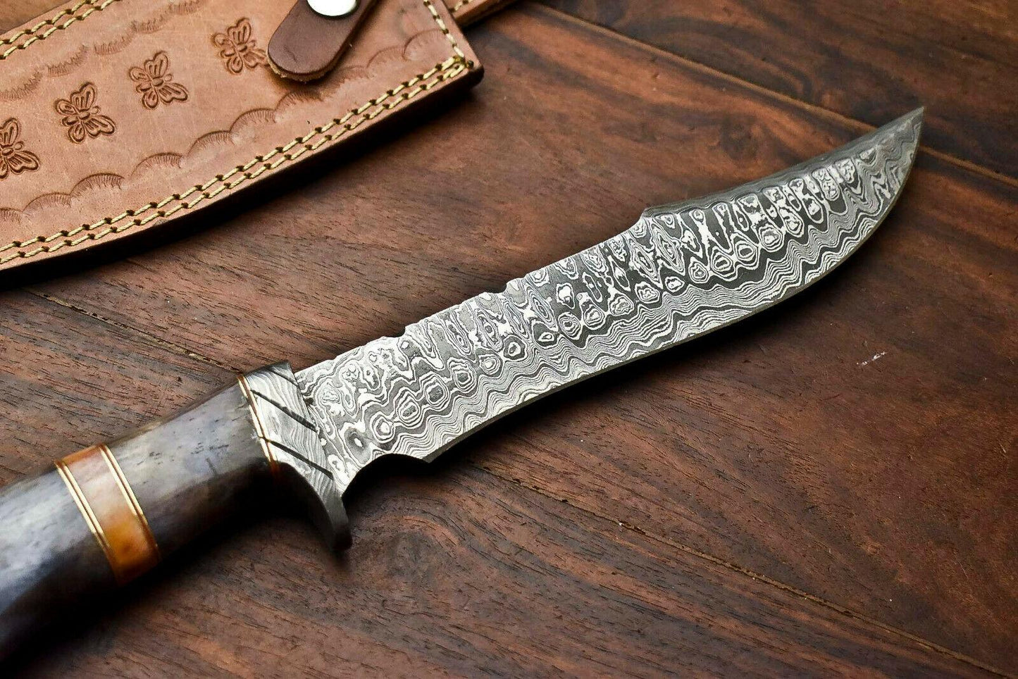 13" Custom Damascus Bowie Knife – Camel Bone Handle