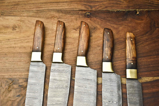 Premium Lot of 5 Handcrafted Hammered Damascus Steel Chef Knives Set