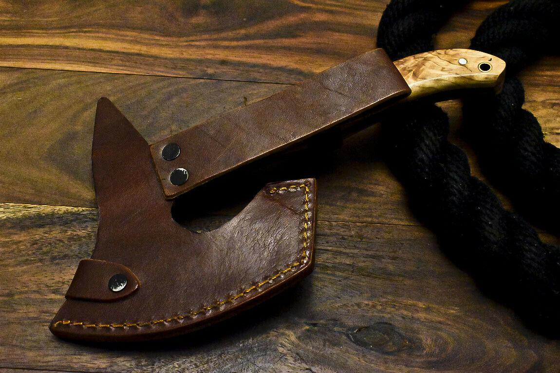 Handmade Damascus Steel Olive Wood Hunting Clever Chopper Axe Knife with Leather Sheath