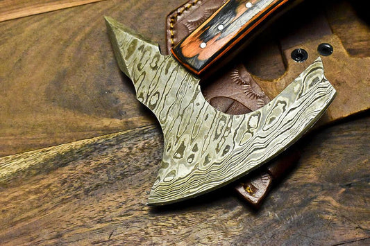 Handmade Damascus Steel Olive Wood Hunting Clever Chopper Axe Knife with Leather Sheath
