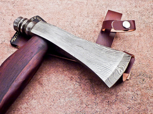 Custom Handmade Damascus Steel Viking Bearded Camping Hatchet Tomahawk Axe with Natural Wood Handle and Leather Sheath