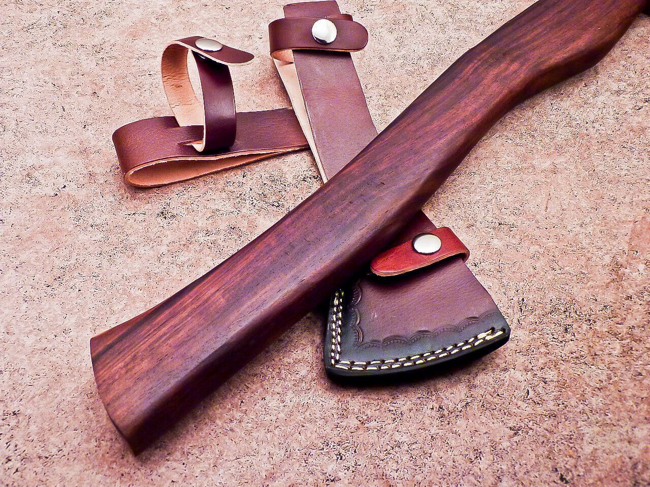 Custom Handmade Damascus Steel Viking Bearded Camping Hatchet Tomahawk Axe with Natural Wood Handle and Leather Sheath
