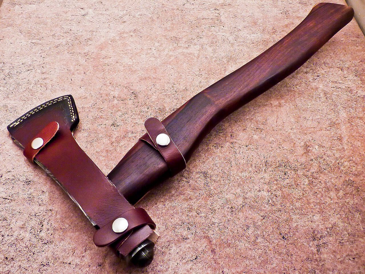 Custom Handmade Damascus Steel Viking Bearded Camping Hatchet Tomahawk Axe with Natural Wood Handle and Leather Sheath