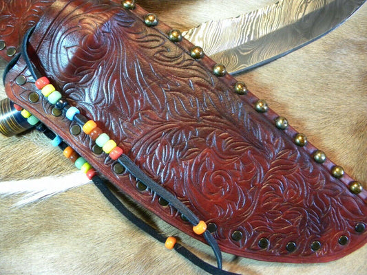 Mountain Man Damascus Bowie Knife | Bone Handle & Handmade Leather Sheath