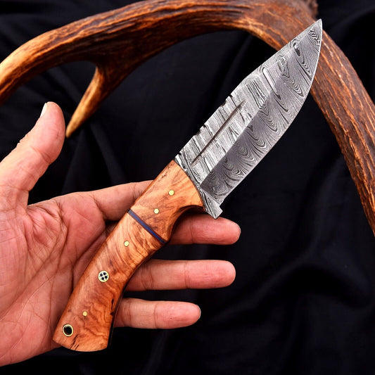 10.5" Custom Handmade Damascus Steel Tracker Knife – Full Tang Hunting, Camping & Survival Knife with Leather Sheath
