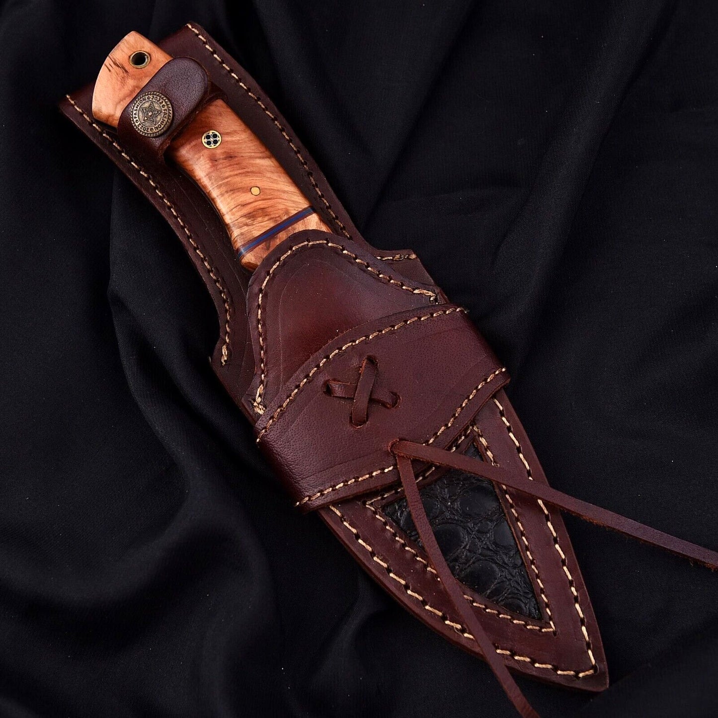 10.5" Custom Handmade Damascus Steel Tracker Knife – Full Tang Hunting, Camping & Survival Knife with Leather Sheath
