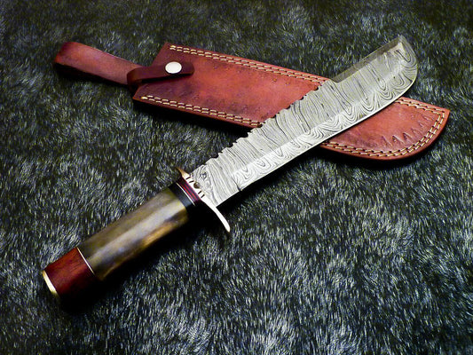 Authentic Hand Forged Damascus Bowie Hunting Knife – Stained Bone Handle, 15" Hunting Knife with Leather Sheath