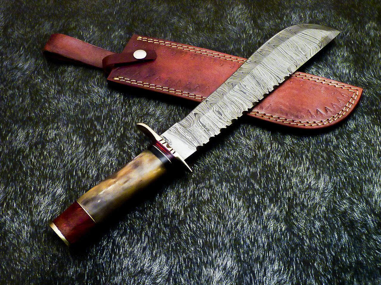 Authentic Hand Forged Damascus Bowie Hunting Knife – Stained Bone Handle, 15" Hunting Knife with Leather Sheath